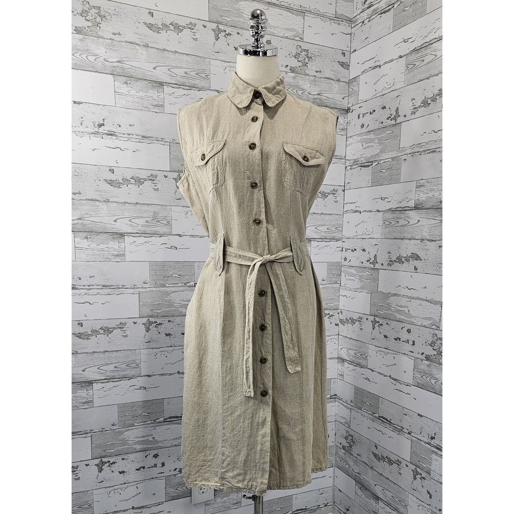 Casual Corner 100% Linen Sleeveless Shirt Dress 14 Natural Minimalist
